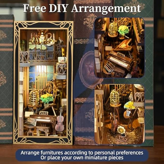 DIY BOOK NOOK KIT, MINIATURE DOLLHOUSE BOOKNOOK KIT, 3D WOODEN PUZZLE BOOKEND BOOKSHELF INSERT DECOR WITH LED LIGHT FOR TEENAGERS AND ADULTS (PIANIST WITH NIGHTINGALE) - Image 4